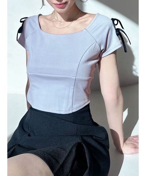 tシャツ スクエアカットショルダーリボントップス レディース
