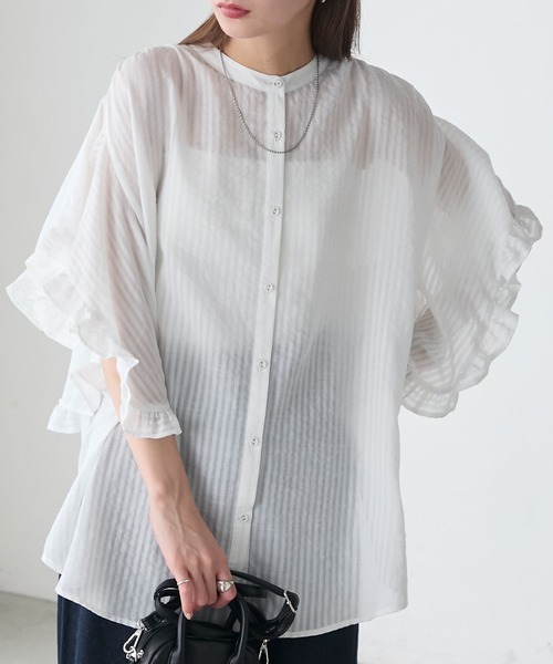 BONLECILL ブラウス シャツ シアーストライプフリルスリーブ