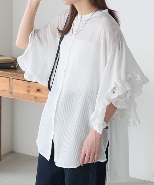 BONLECILL ブラウス シャツ シアーストライプフリルスリーブ