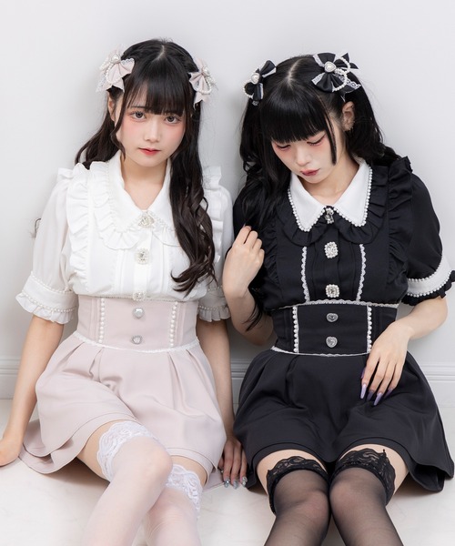 yuri♡女の子ママ*☻様　ボリュームスリーブブラウス　ミックスフリルブラウス DearMyLove ブラウス シャツ パール襟ビジューフリルブラウス