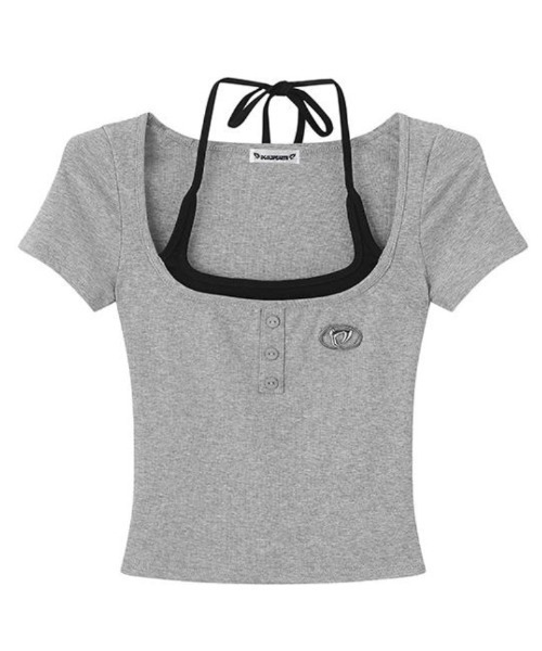 tシャツ フェイクツーピースボタンカットソー レディース