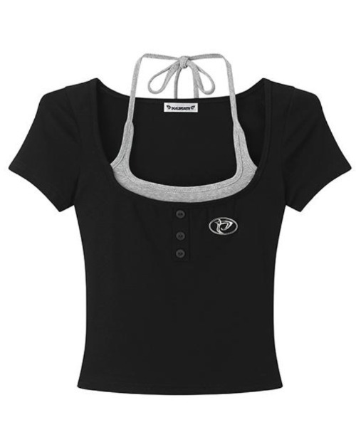 tシャツ フェイクツーピースボタンカットソー レディース Lae tシャツ フェイクツーピースボタンカットソー レディース