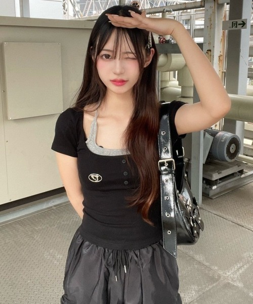 tシャツ フェイクツーピースボタンカットソー レディース Lae tシャツ フェイクツーピースボタンカットソー レディース