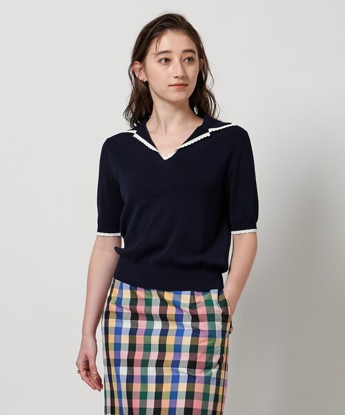 UNITED ARROWS レースニットトップス フリーサイズ ネイビー UNITED ARROWS ニット セーター スカラップ セーラーカラー