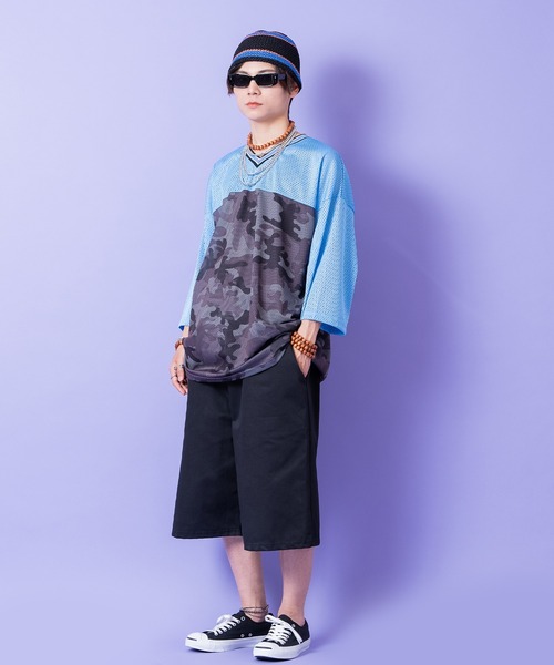 tシャツ a.p.o.v. カモフラ切替オーバーサイズメッシュフットボール