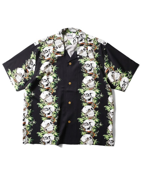 HOUSTON アロハシャツ 髑髏 スカル ギター ハイビスカス レーヨン BK HOUSTON シャツ アロハシャツ(骸骨) メンズ レディース