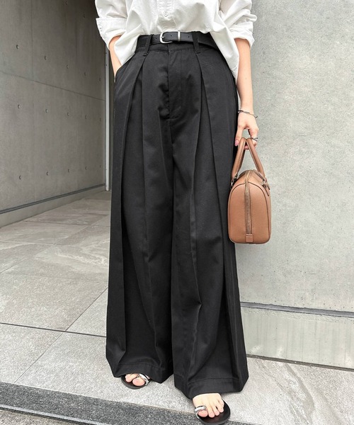 ワイドパンツ チノパン ツイルタックチノワイドパンツ レディースの画像