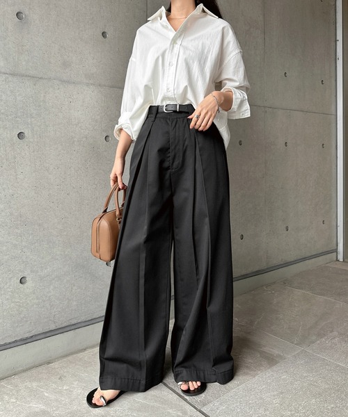 ワイドパンツ チノパン ツイルタックチノワイドパンツ レディースの画像