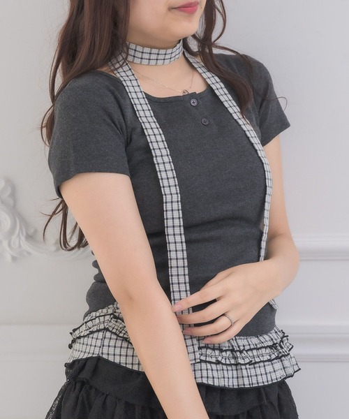 Emsexcite（エムズエキサイト） tシャツ チェック柄裾フリルCT