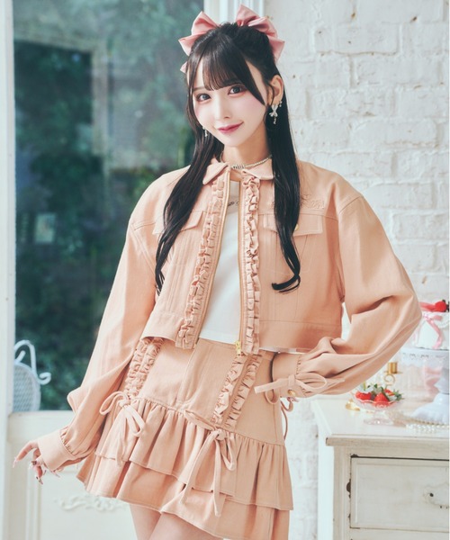 フリルスリーブTシャツ　フリルデニムスカート　レースソックスつきピンクパンプス ReAmour デニムスカート デニムフリルスカート : ZOZOTOWN Yahoo!店