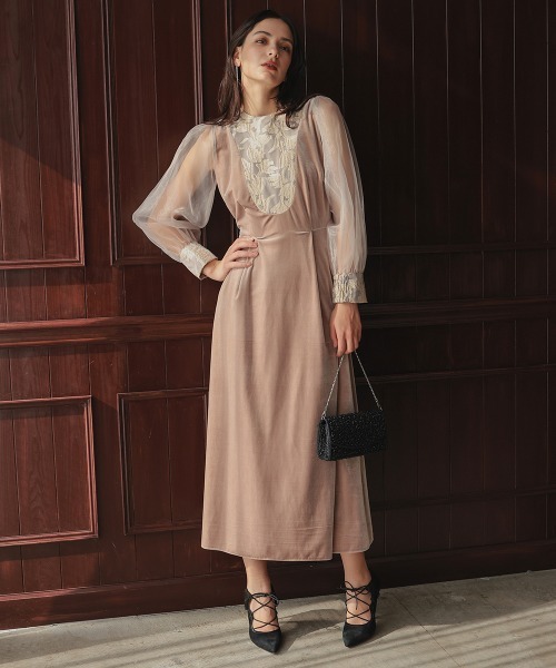 Callarus ドレス ジャガード切替デザインベロアワンピースドレス