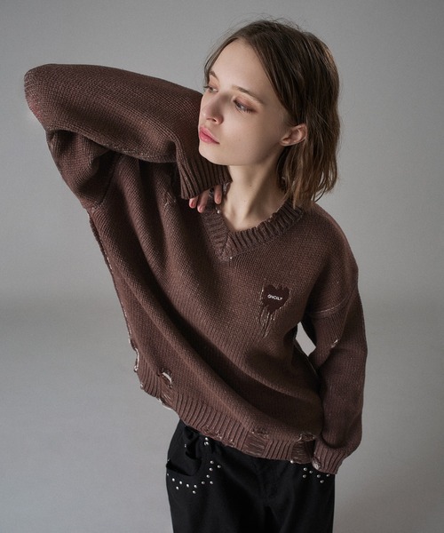 ONCILY（オンシェリー） セーター ニット VINTAGE LIKE DAMAGE V-NECK