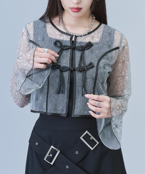 Q*0様 tricot レースチャイナシャツ　刺繍　チャイナ　ブラウス Ellno de Mavie（エルノデメヴィ） ブラウス シャツ パイピングレース
