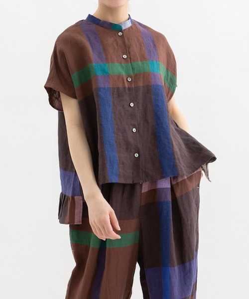 ꕤ新品ꕤ nop de nod/今季 リネンパネルチェック後ろフリルシャツ nop de nod（ノップドゥノッド） ブラウス シャツ 夏 半袖 リネン