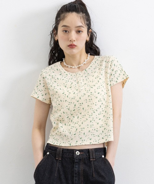 draw drawers花柄 リブ ショート丈 半袖 Tシャツ RAGEBLUE（レイジブルー） ヘンリーネック tシャツ 半袖 花柄