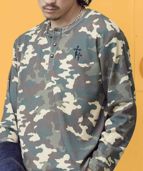 AFB カモフラージュ柄 ワッフル 長袖Tシャツ Mサイズ ROOP TOKYO ヘンリーネック tシャツ ワンポイント刺繍ワッフルヘンリー