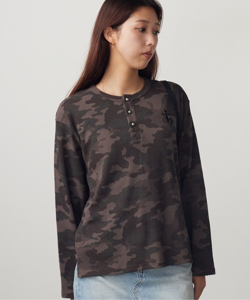 ROOP TOKYO ヘンリーネック tシャツ ワンポイント刺繍ワッフルヘンリー