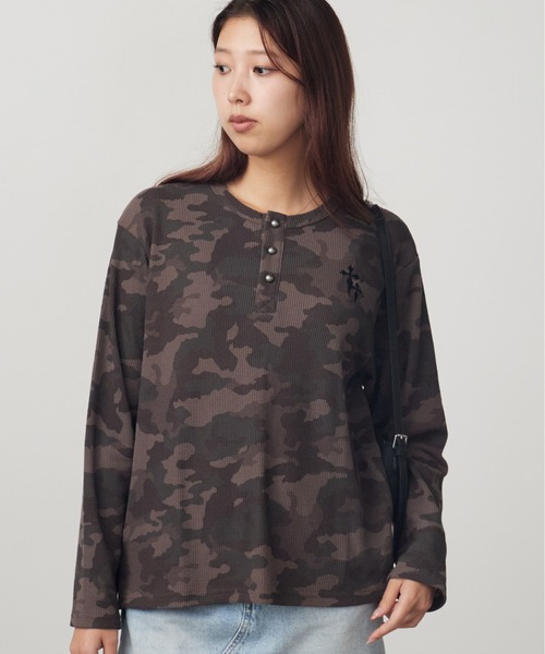 ROOP TOKYO ヘンリーネック tシャツ ワンポイント刺繍ワッフルヘンリー