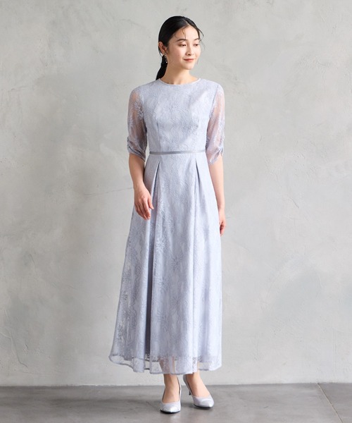 ドレス サテンリボンラメレース袖付きミモレパーティードレス　結婚式　お呼ばれ　ドレス　20代 30代 40代 | AIMER | 05