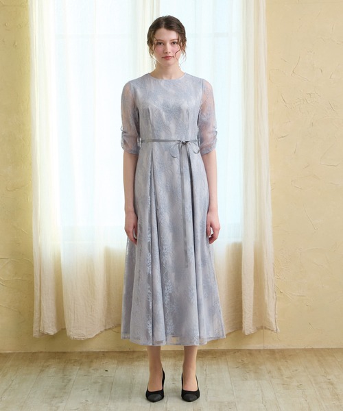 AIMER（エメ） ドレス サテンリボンラメレース袖付きミモレパーティー