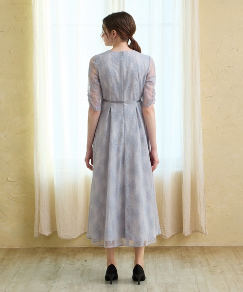 AIMER（エメ） ドレス サテンリボンラメレース袖付きミモレパーティー