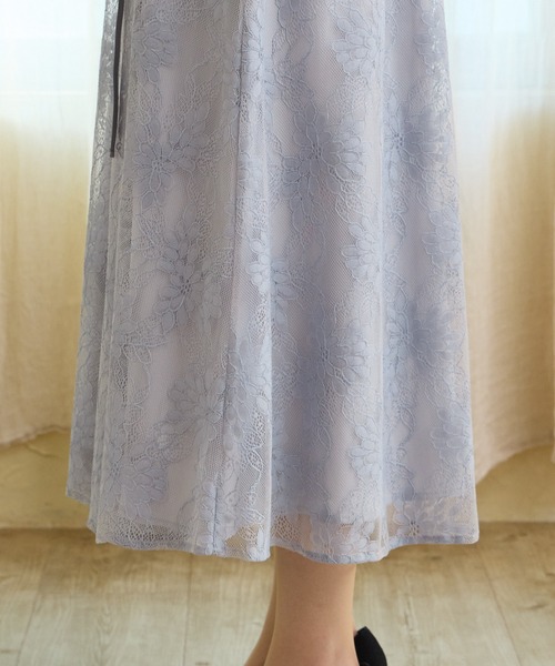 AIMER（エメ） ドレス サテンリボンラメレース袖付きミモレパーティー