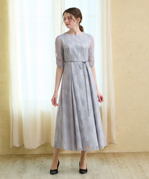 AIMER（エメ） ドレス サテンリボンラメレース袖付きミモレパーティー