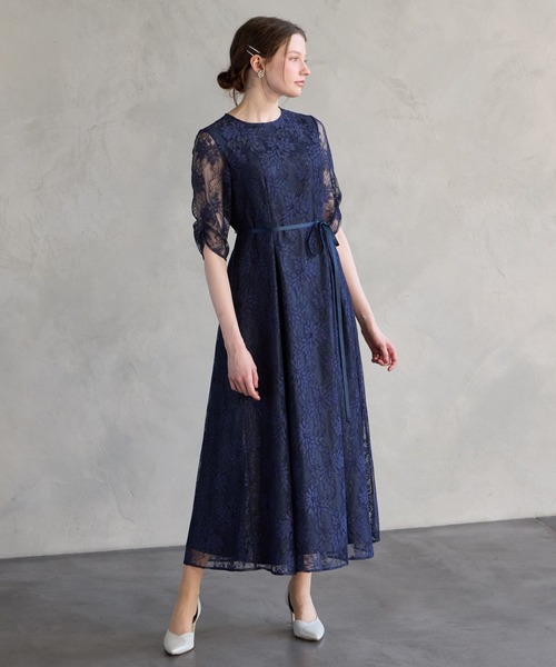 【極美品】AIMER エメ 五分袖 ロイヤルブルー パーティードレス 結婚式 M AIMER（エメ） ドレス サテンリボンラメレース袖付きミモレパーティー