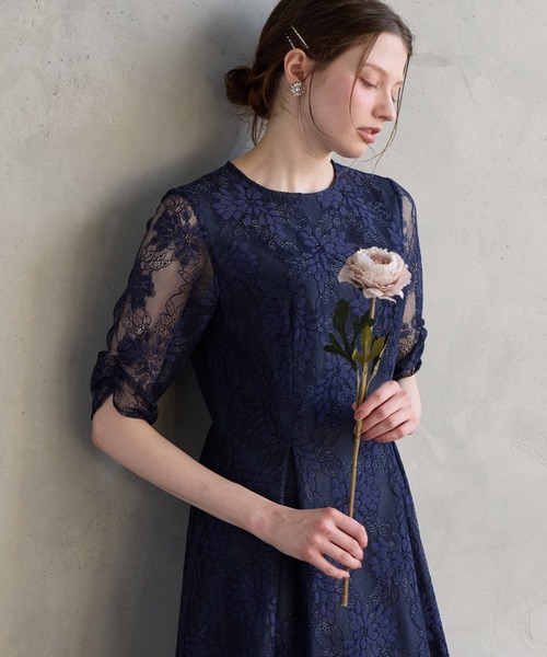 AIMER（エメ） ドレス サテンリボンラメレース袖付きミモレパーティー