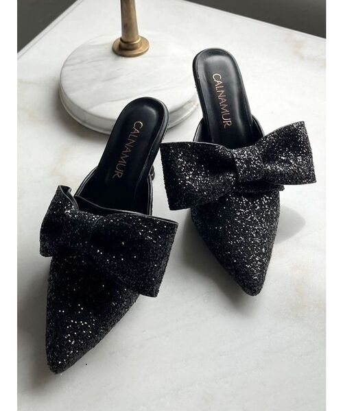 CHANEL ミュール　リボン　36.5 CALNAMUR パンプス シャイニーリボンクリップミュール