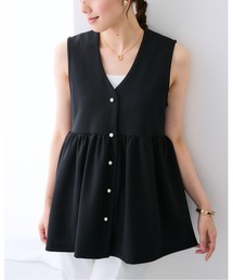 LAYERED CAMISOLE ALL IN ONE ブラック　ベスト　ジレ 7days Life Styling ベスト ジレ カットソー素材パール調ボタン