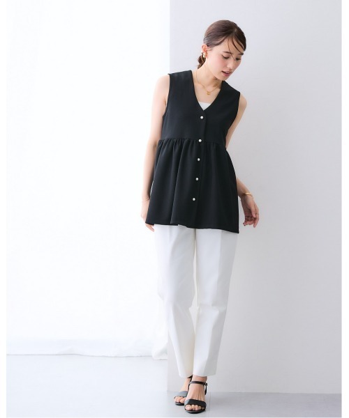7days Life Styling ベスト ジレ 夏 パール調ボタンペプラム切替ジレ