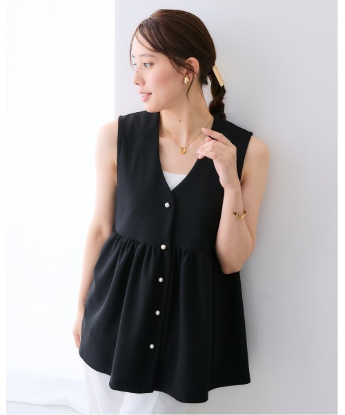 7days Life Styling ベスト ジレ 夏 パール調ボタンペプラム切替ジレ