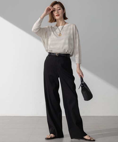 【Oggi5月号掲載洗える】リネンレーヨンストレッチ ワイドパンツ　40号 パンツ 「Oggi5月号掲載/洗える」リネンレーヨンストレッチ ワイド