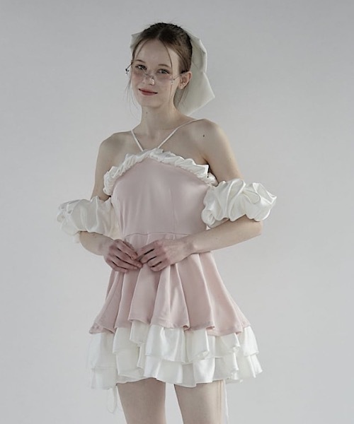 値下げ★lil Lilly ビジューフレアワンピース lilLilly ワンピース バイカラーバルーンミニドレス : ZOZOTOWN