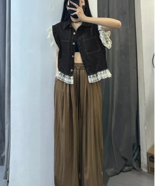 AsheKsha ベスト ジレ 異素材ドッキング レースデニムベスト