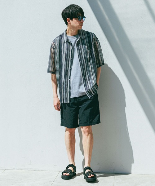 キャメル、タン薄、タン濃、黒　各30本 LAKOLE シャツ ストライプレース半袖シャツ / 283477 メンズ