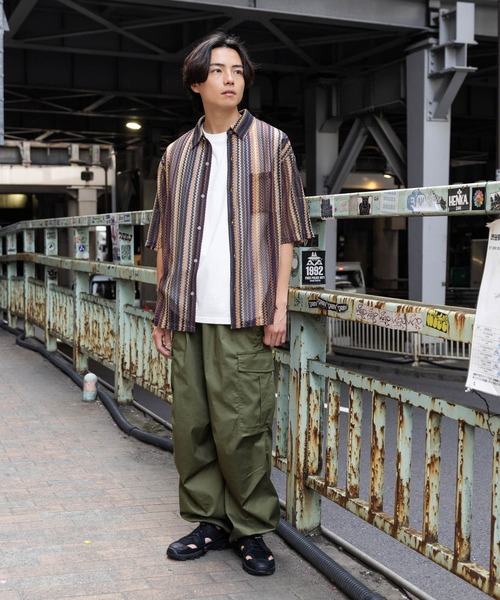 キャメル、タン薄、タン濃、黒　各30本 LAKOLE シャツ ストライプレース半袖シャツ / 283477 メンズ