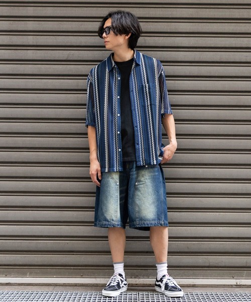キャメル、タン薄、タン濃、黒　各30本 LAKOLE シャツ ストライプレース半袖シャツ / 283477 メンズ