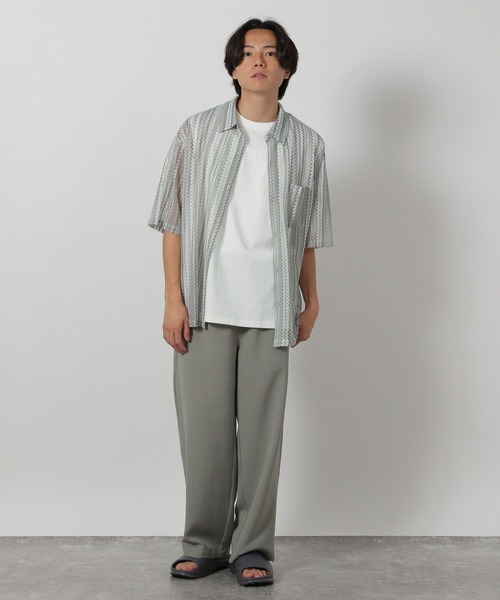 キャメル、タン薄、タン濃、黒　各30本 LAKOLE シャツ ストライプレース半袖シャツ / 283477 メンズ