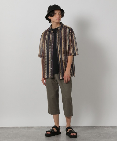キャメル、タン薄、タン濃、黒　各30本 LAKOLE シャツ ストライプレース半袖シャツ / 283477 メンズ