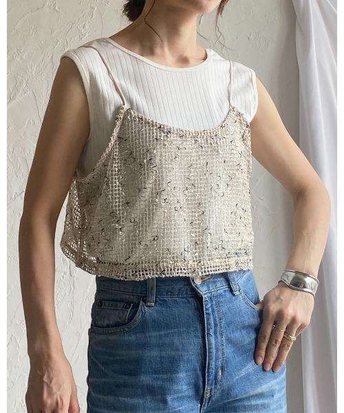 She's Closet ベスト ジレ ショート丈透かし編みニットビスチェ