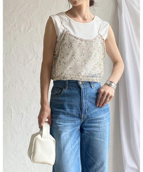 She's Closet ベスト ジレ ショート丈透かし編みニットビスチェ