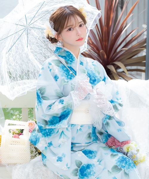 浴衣 帯セット 水彩風花柄 ブルー Retica（レティカ） ゆかた 浴衣 浴衣セット レディース ペールブルー