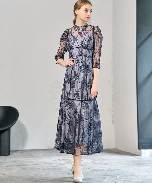 繊細なレースが好印象のワンピースアンサンブル〈ネイビー〉 GIRL DRESS FOR NOW 「GIRL」 7分袖ワンピース M ネイビー