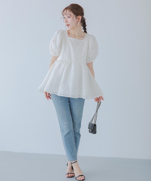 Fit more ジャガードペプラムトップス 花柄 Fit more ローズモチーフジャガードペプラムトップス レディース