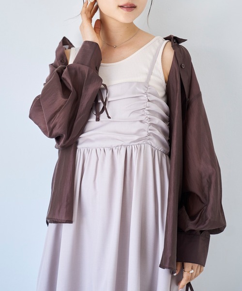 ブラウス シャツ 無地ストライプ柄シャーリングシャツ レディース mil ブラウス シャツ 袖シャーリングシャツ 「ストライプ/無地