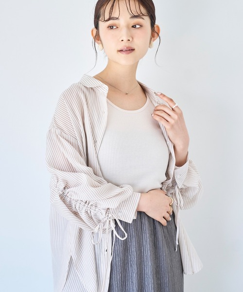 ブラウス シャツ 無地ストライプ柄シャーリングシャツ レディース mil ブラウス シャツ 袖シャーリングシャツ 「ストライプ/無地