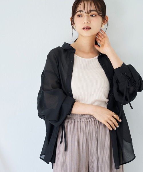 ブラウス シャツ 無地ストライプ柄シャーリングシャツ レディース mil ブラウス シャツ 袖シャーリングシャツ 「ストライプ/無地