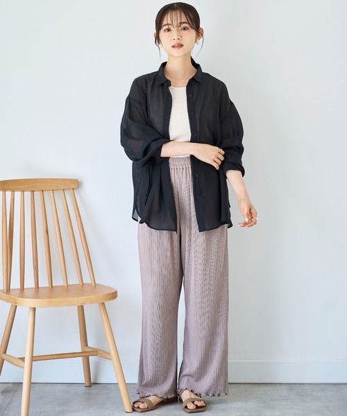 ブラウス シャツ 無地ストライプ柄シャーリングシャツ レディース mil ブラウス シャツ 袖シャーリングシャツ 「ストライプ/無地
